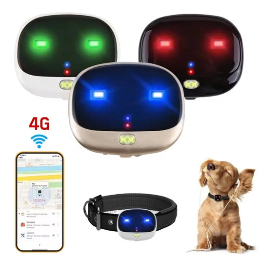 Collar con Mini Localizador GPS 4G con Control de Voz, Luz LED Mascotas y Tarjeta SIM (no Incluída)