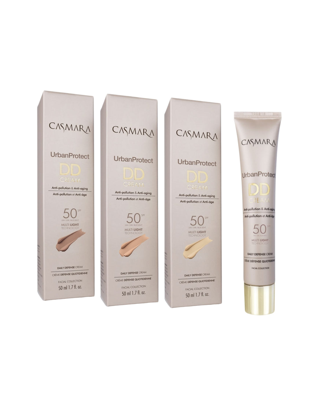 Gama completa de tonos Casmara DD Cream Urban Protect: Natural Light, Light y Dark - Kliki Chile